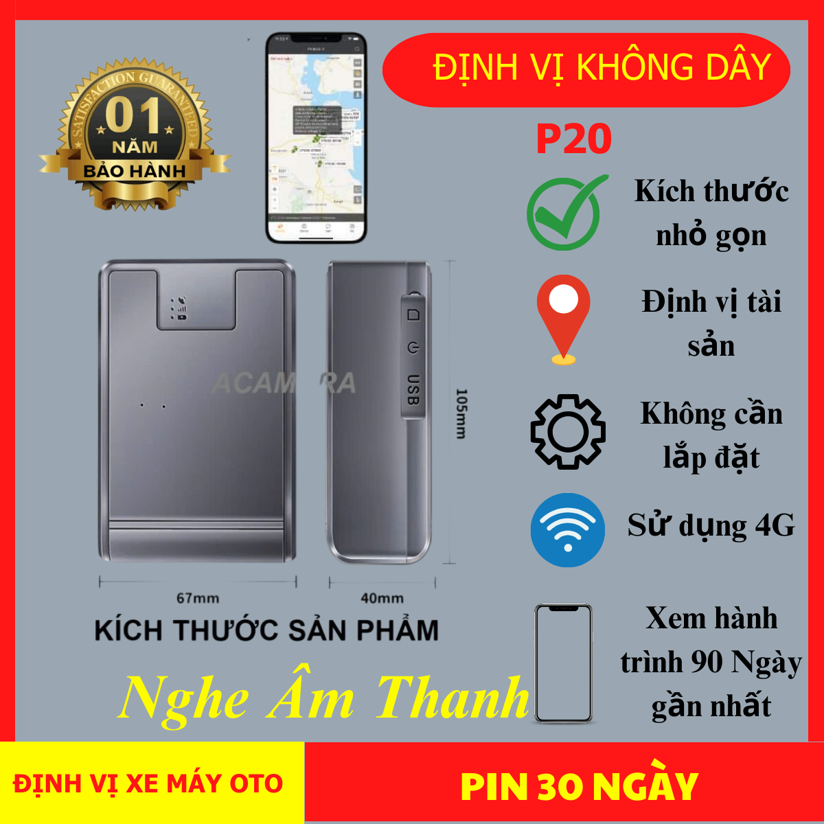Định vị ghi âm GPS P20 / 4G Không dây đã gắn sim